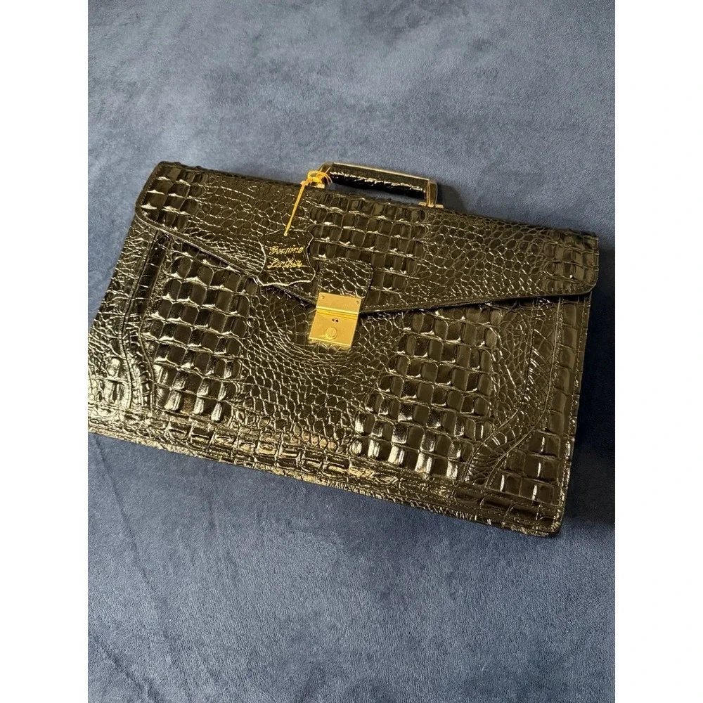 Vtg 1970s Swiss AMIET Leather Briefcase Alligator Embossed Black Genuine Leather